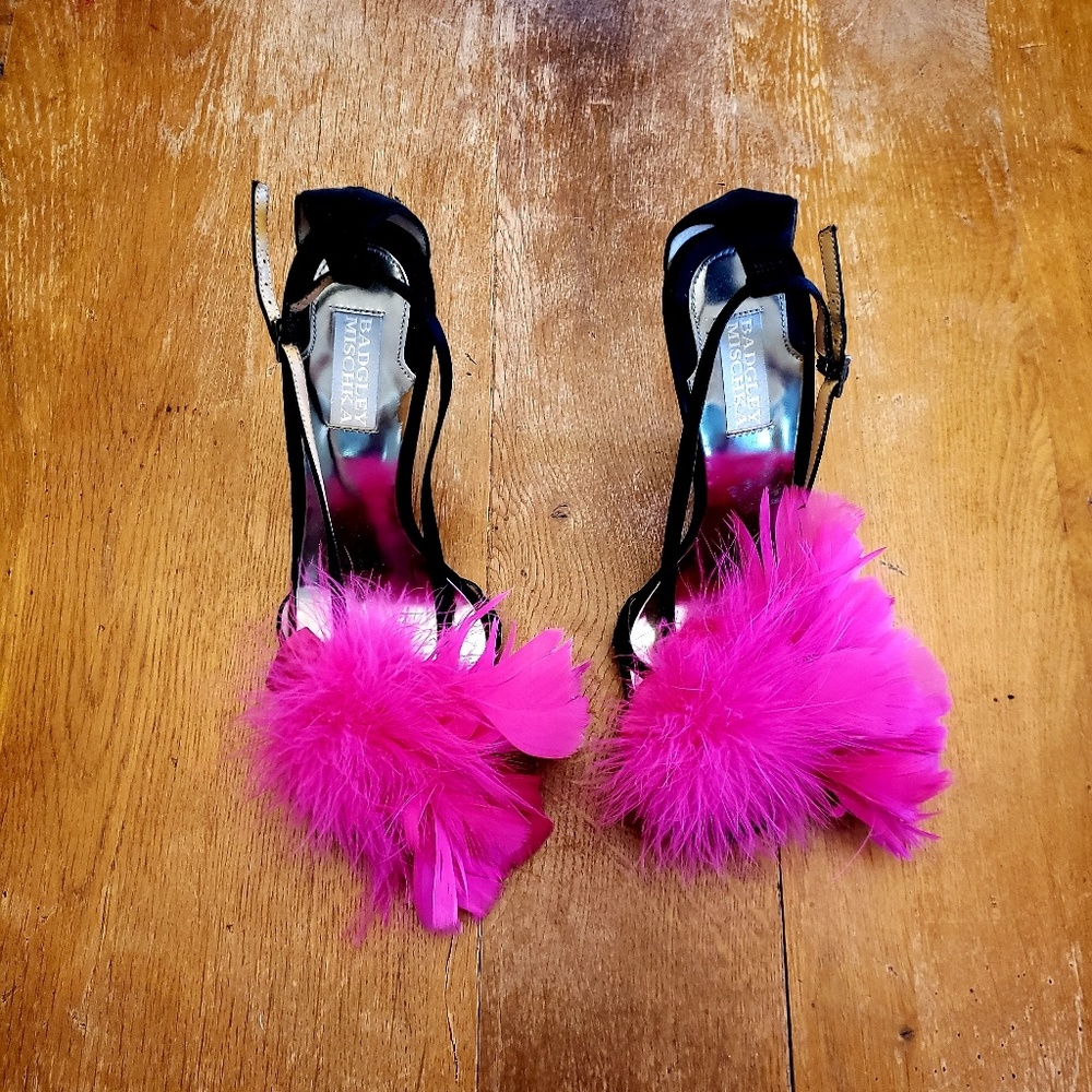 Badgley Mischka high heels pink boa shoes - Picture 3 of 5